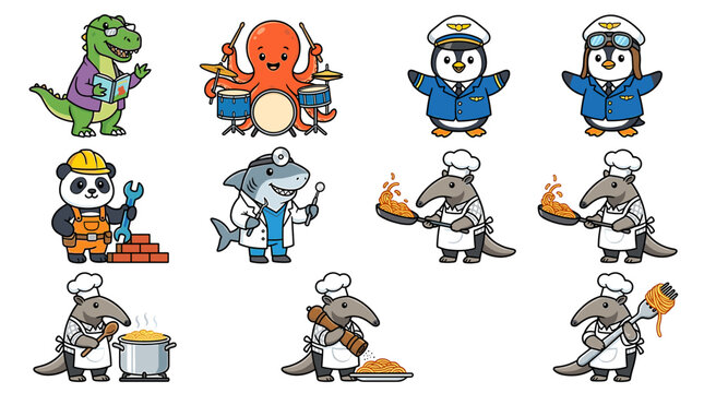 Animal characters in culinary and professional uniforms.