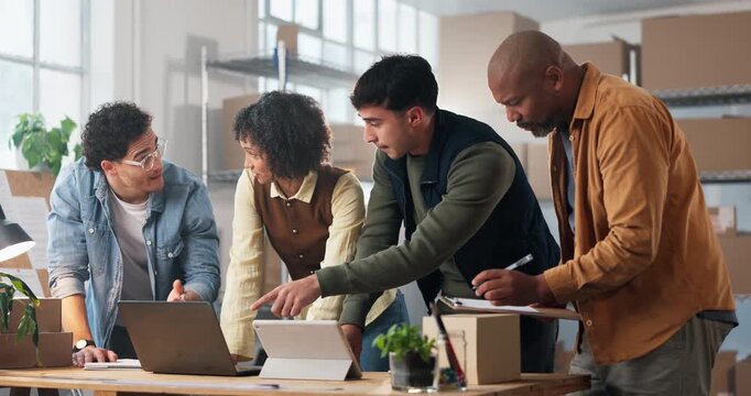 Office, talking and people on tablet for supply chain, shipping schedule and planning for logistics. Business, meeting and workers on tech with inventory for stock distribution, delivery and parcel