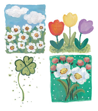 Spring Flowers and Clover Elements Set