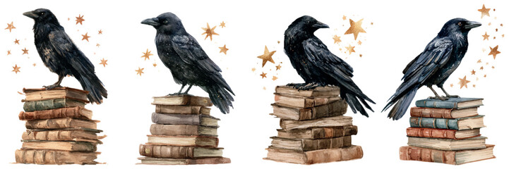 Naklejka premium Four watercolor ravens perched on stacks of old books, surrounded by golden stars, representing wisdom, learning, education, and magical knowledge in an academic setting