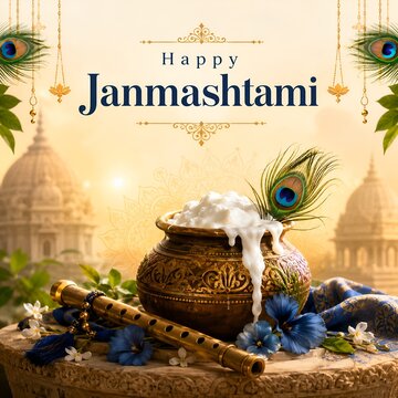 Happy janmashtami celebration with clay pot and peacock feather