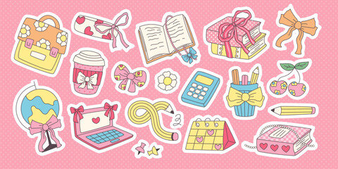 Plakat Cute teacher sticker collection with bow ribbons and school supplies in cartoon style. Adorable vector illustration with pencils, stationery elements and pastel coquette aesthetic for classroom decor.