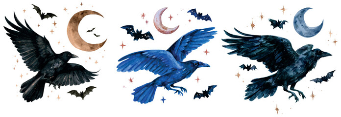 Naklejka premium Flying ravens and crows with bats, crescent moons, and stars creating a watercolor celestial night scene for halloween, gothic, and mystical designs