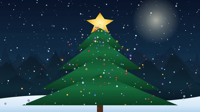 Animated Cartoon Christmas Tree At Night With Falling Snow And Twinkling Lights