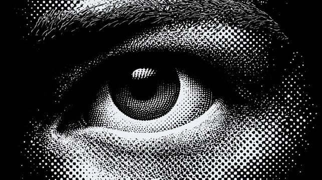 Human eye illustrated using a halftone dot pattern in vector style. 