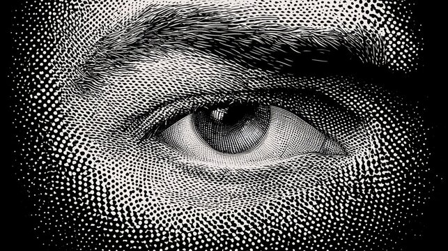 Human eye illustrated using a halftone dot pattern in vector style. 