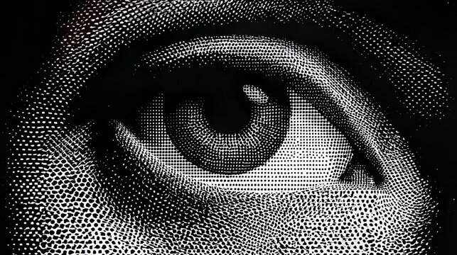 Human eye illustrated using a halftone dot pattern in vector style. 