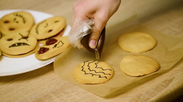 Drawing a chocolate spiderweb pattern on a round holiday cookie