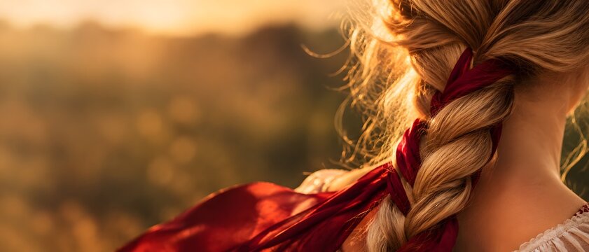 Close up from behind of young blonde woman with long braided hair and flowing red satin ribbon, luxury autumn travel vacation and sustainable wellness cottagecore lifestyle concept 