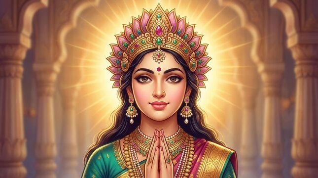 Divine woman with traditional jewelry in a peaceful meditative gesture