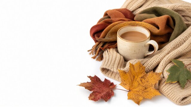 Cozy autumn coffee mug with warm knitted sweater and colorful fall leaves on white background