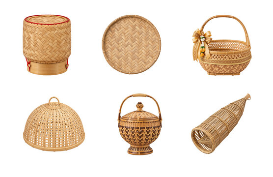 Traditional Thai bamboo basketry collection featuring a sticky rice basket, winnowing tray, food cover, decorative woven baskets and traditional bamboo fish trap isolated on a transparent background.