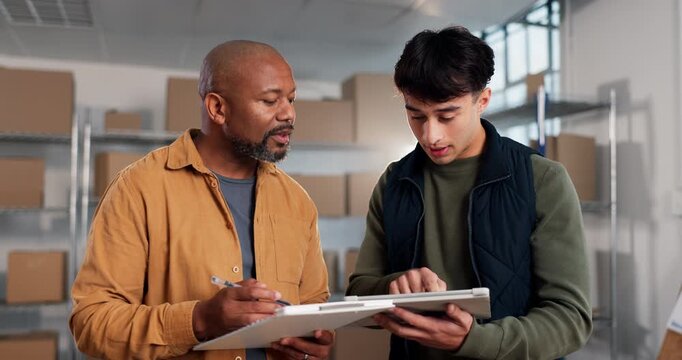 Clipboard, tablet and men in warehouse for supply chain, distribution and shipping schedule. Meeting, workshop and people on tech for inventory checklist for logistics, courier service and delivery