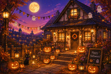 Fototapeta premium Anime-Style Cozy Halloween Cottage at Night with Pumpkins, Ghosts and Black Cats