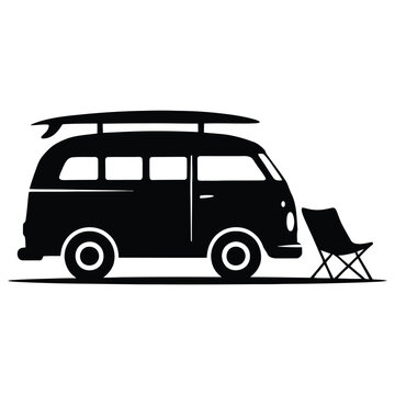 Vintage camper van with surfboard and folding chair is a black silhouette
