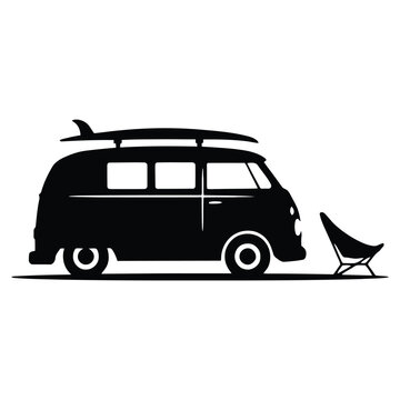 Vintage camper van with surfboard and folding chair is a black silhouette