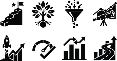 Fototapeta premium Vector business icons representing achievement, growth, forecasting, innovation, performance, and progress analysis