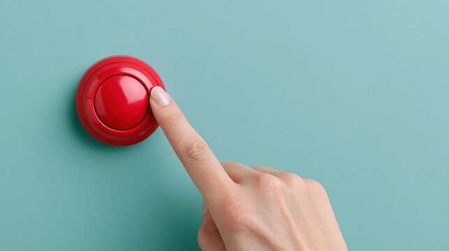 Close up of a human finger pressing a bright red button on a teal background, symbolizing action or decision