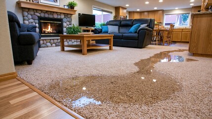 Naklejka premium Water has pooled on a beige carpet in a living room area near kitchen cabinets.