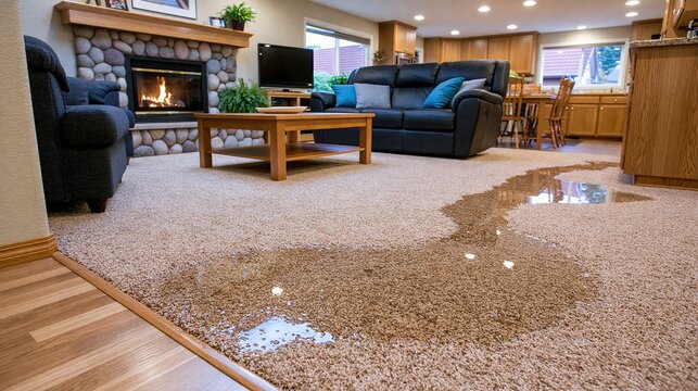 Water has pooled on a beige carpet in a living room area near kitchen cabinets.