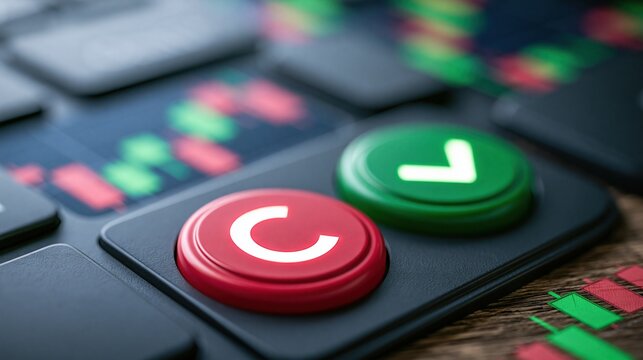 Close and Open buttons on a keyboard with stock market charts in the background