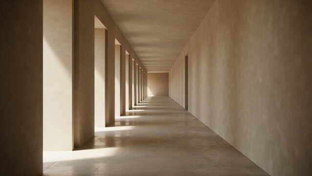 Long architectural corridor with pillars and natural sunlight casting shadows corridor interior