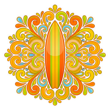 Colorful surfboard illustration with ornamental floral mandala background