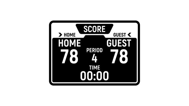 Digital sports scoreboard showing a tied game with home and guest scores of 78, period 4, and time 00:00.