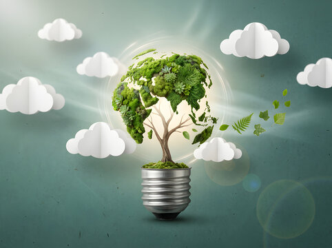 Eco friendly light bulb with growing green tree and paper clouds concept