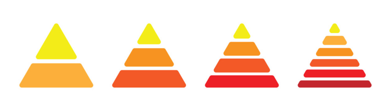 2,3,4,6 level Triangular pyramid colorful icon. Pyramid infographic set. triangular pyramid infographics. educational materials. diagrams ascending levels. Pyramid toy glyph icon. Silhouette symbol. 