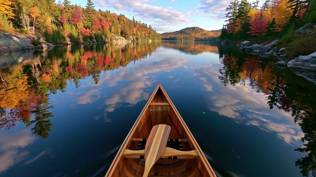 Serene Autumn Canoe Journey Reflecting Vibrant Fall Foliage on a Calm Lake
