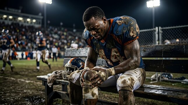 Injured football player on sideline bench at night game