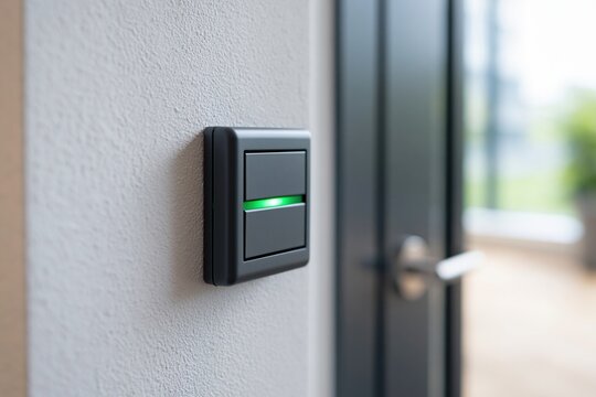 Modern Black Light Switch with Green LED Indicator on Textured Wall Near Glass Door