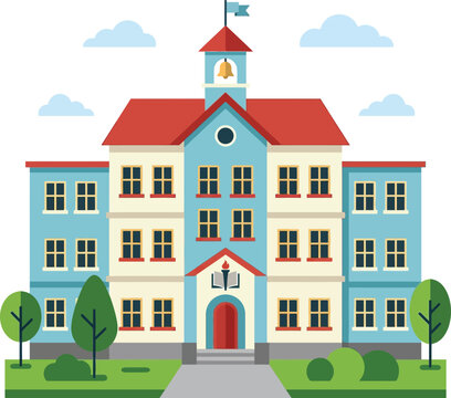 Detailed illustration of a school building with a red roof and blue facade