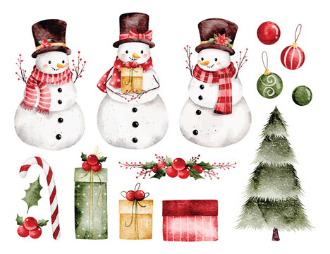 Watercolor Illustration Set of Snowman and Christmas Decorations