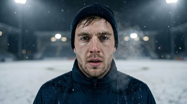 Determined man with frosted eyelashes training in winter snow