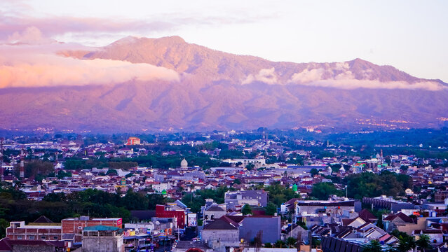 Beautiful view of Malang city with Mount Kawi in the background.