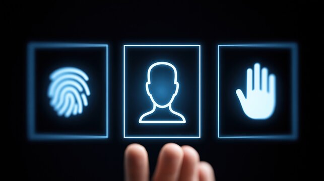 Digital Biometric Security Authentication Interface with Fingerprint, User Profile, and Hand Scan Icons on Dark Background