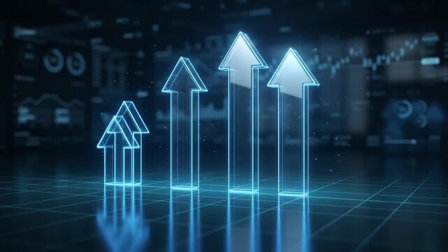 Glowing blue holographic arrows pointing upwards on a digital grid floor representing financial growth business success and stock market rise