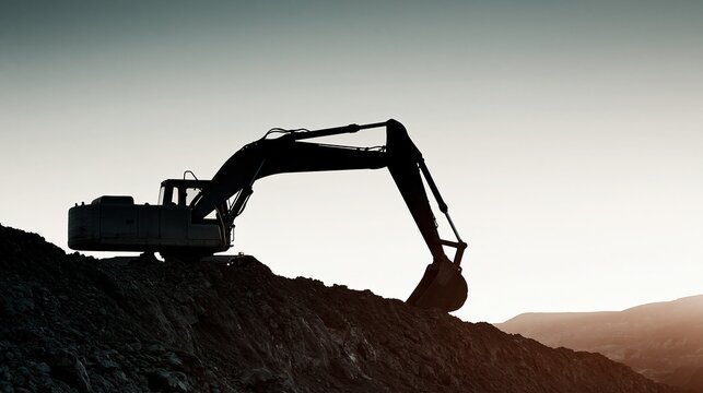 Silhouette of an excavator digging on a construction site against a hazy sky at sunset