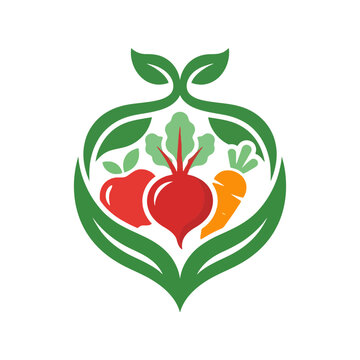 Fresh organic vegetables and fruit logo icon with beet carrot and apple in green leaf frame Vector