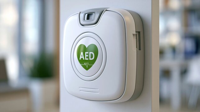 Modern Automated External Defibrillator (AED) device mounted on a wall in a clean, bright indoor environment