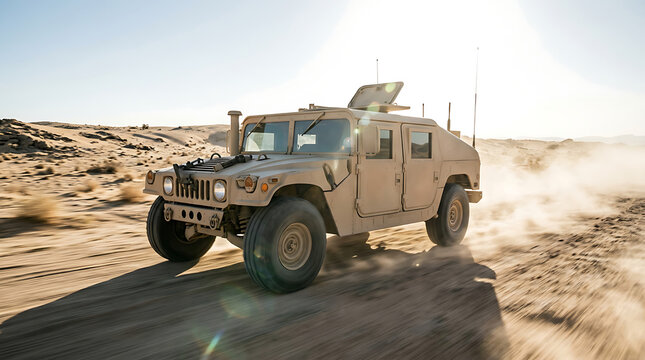 Military vehicle speeding across the dusty desert landscape on a sunny afternoon