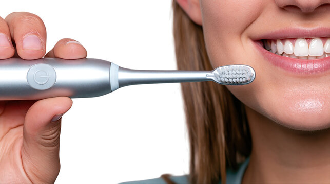 Female hand holds electric toothbrush near teeth isolated on transparent background png cutout