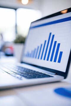 Close-up of a laptop screen displaying a rising bar graph with blue bars on a white background, symbolizing financial growth and data analysis.