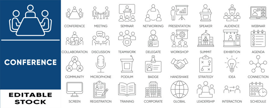 Conference and corporate meeting line icon set. Editable stroke vector outline icons for webinar, seminar, event management, and business networking UI design.