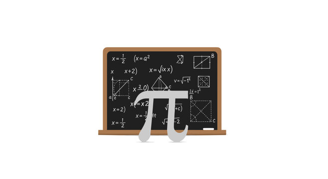 A large, three-dimensional grey Pi symbol stands in front of a black chalkboard filled with white mathematical equations and geometric diagrams.