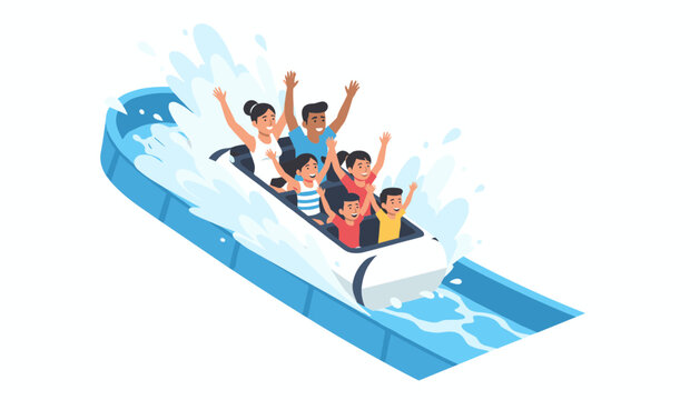 Water flume boat ride splashes down a blue track carrying cheering people in this exciting amusement park vector graphic.