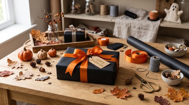 Elegant Halloween gift wrapping with black paper and orange ribbons on table