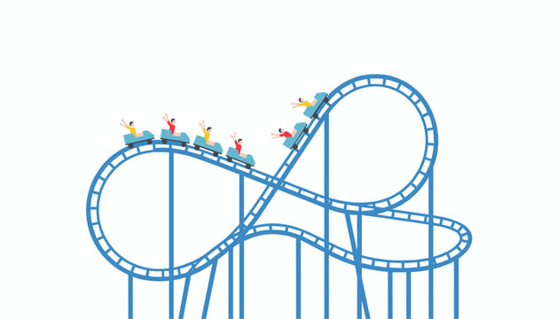 Rollercoaster carts filled with excited riders navigate a massive blue infinity-loop track against a plain white background.